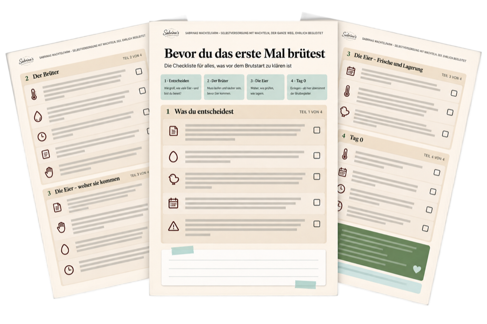 Die drei Seiten der Checkliste, mit Wachteleiern drapiert